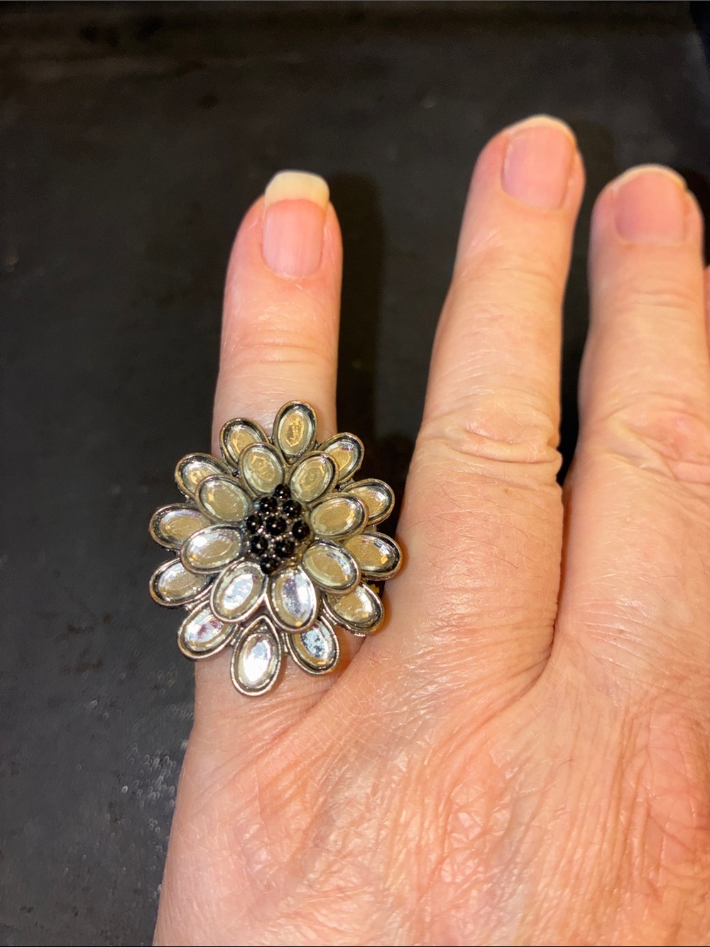 Floral Cocktail Ring in Ivory Petals with Black Center
